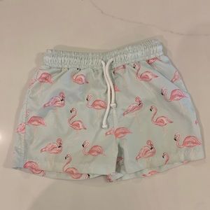 Sal & Pimenta size 4T flamingo swim trunks.